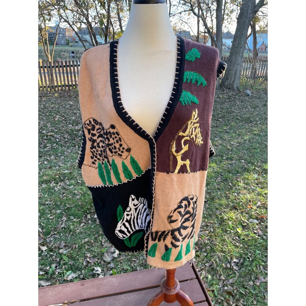Safari Animal Embroidered Sweater Vest XL Black/Brown Cotton Blend Vintage Studi